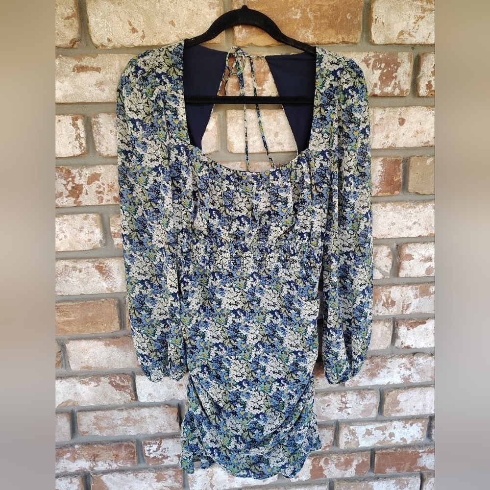 Astr The Label Green & Blue Floral Square Neck Chiffon Bodycon Mini Dress Sz S